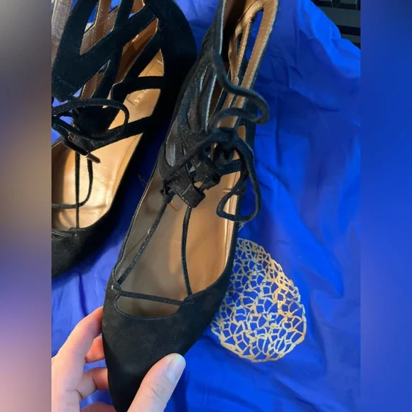 Aquazzura Belgravia LaceUp Pointed Toe Ballet Flats Black Cutout Suede Size 7.5 - Picture 7 of 7